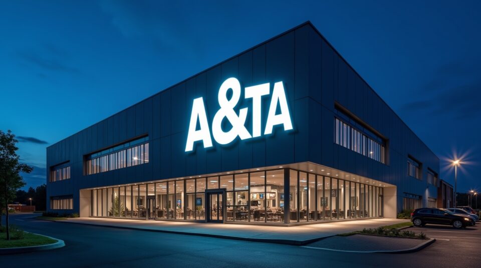 Logo A&TA sur un immeuble moderne éclairé