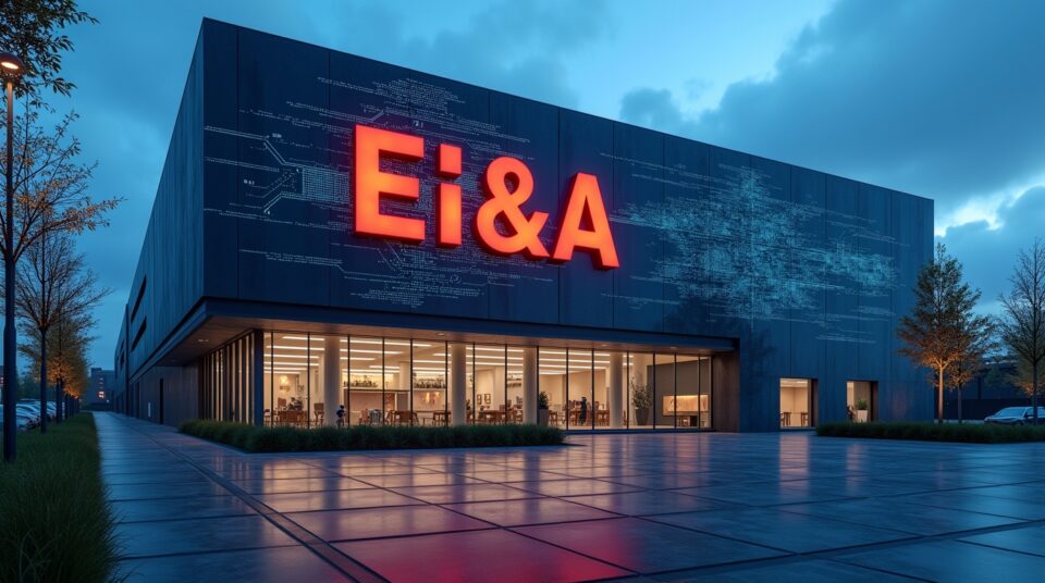 Façade avec logo EI&A, fond futuriste avec graphiques et codes binaires