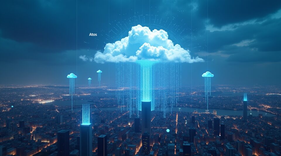Ville futuriste avec serveurs cloud, faisceaux de cybersécurité, logos Atos et symboles de transformation numérique.