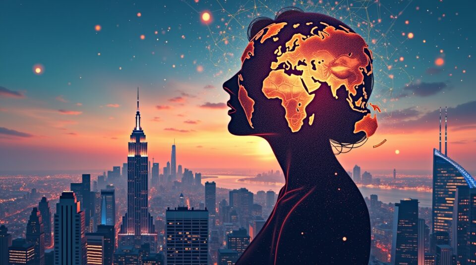 Globe connecté, ville moderne, silhouette humaine avec cadenas ouvert évoquant liberté individuelle et monde numérique.