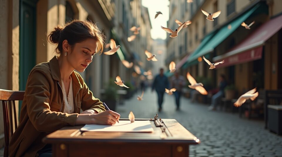 Cécile Briat, écrivaine engagée, entourée de feuilles de papier s'envolant comme des oiseaux
