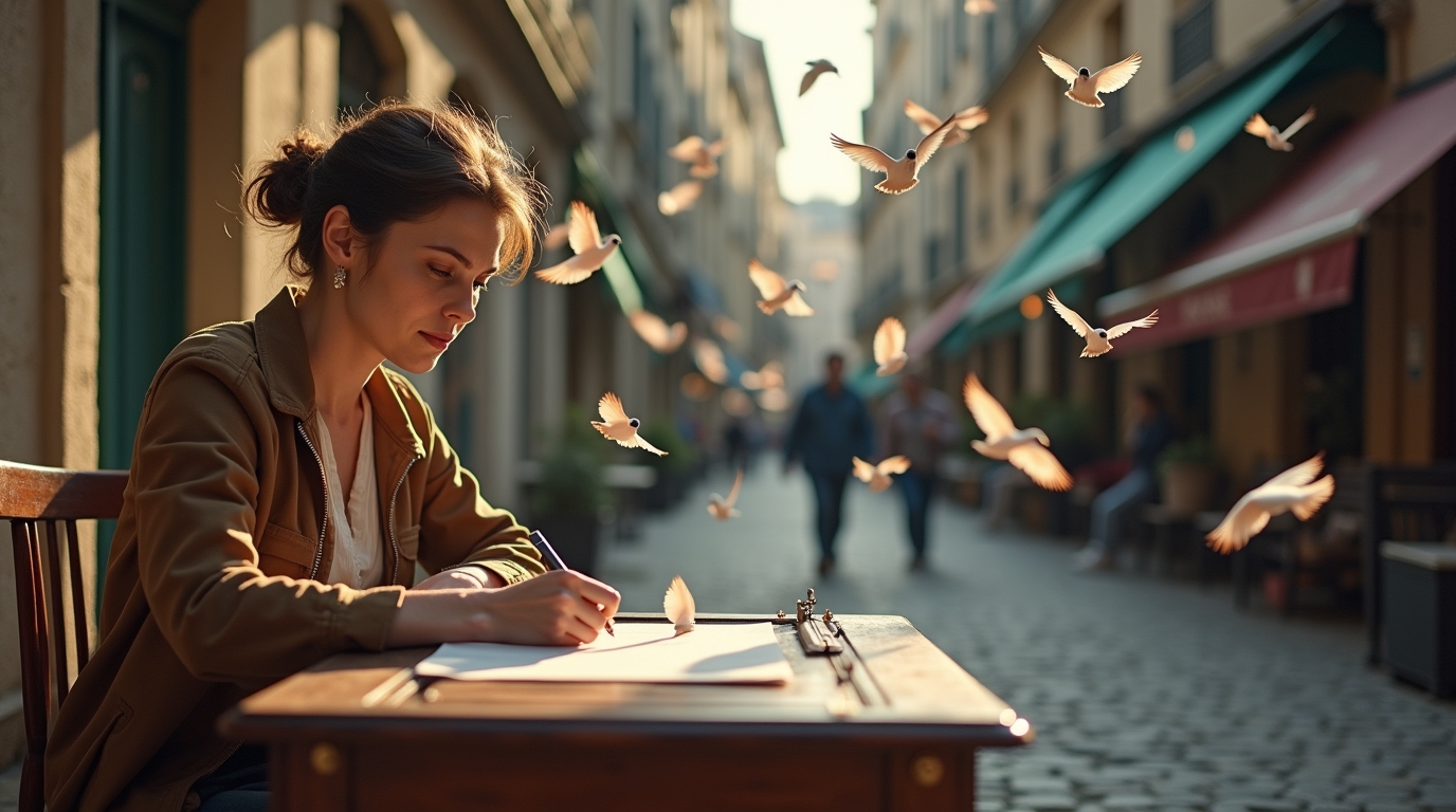 Cécile Briat, écrivaine engagée, entourée de feuilles de papier s'envolant comme des oiseaux