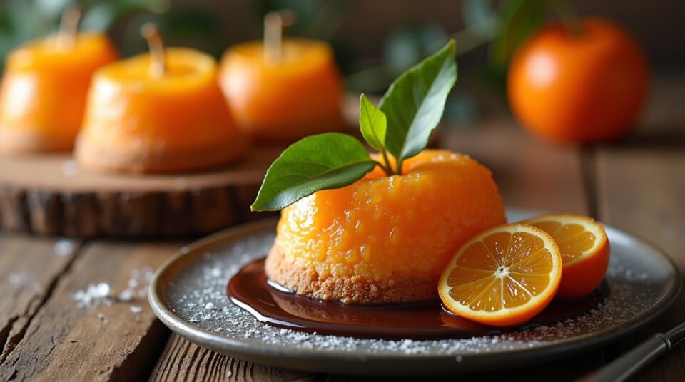 Desserts sucrés sur table en bois, orangette en premier plan.